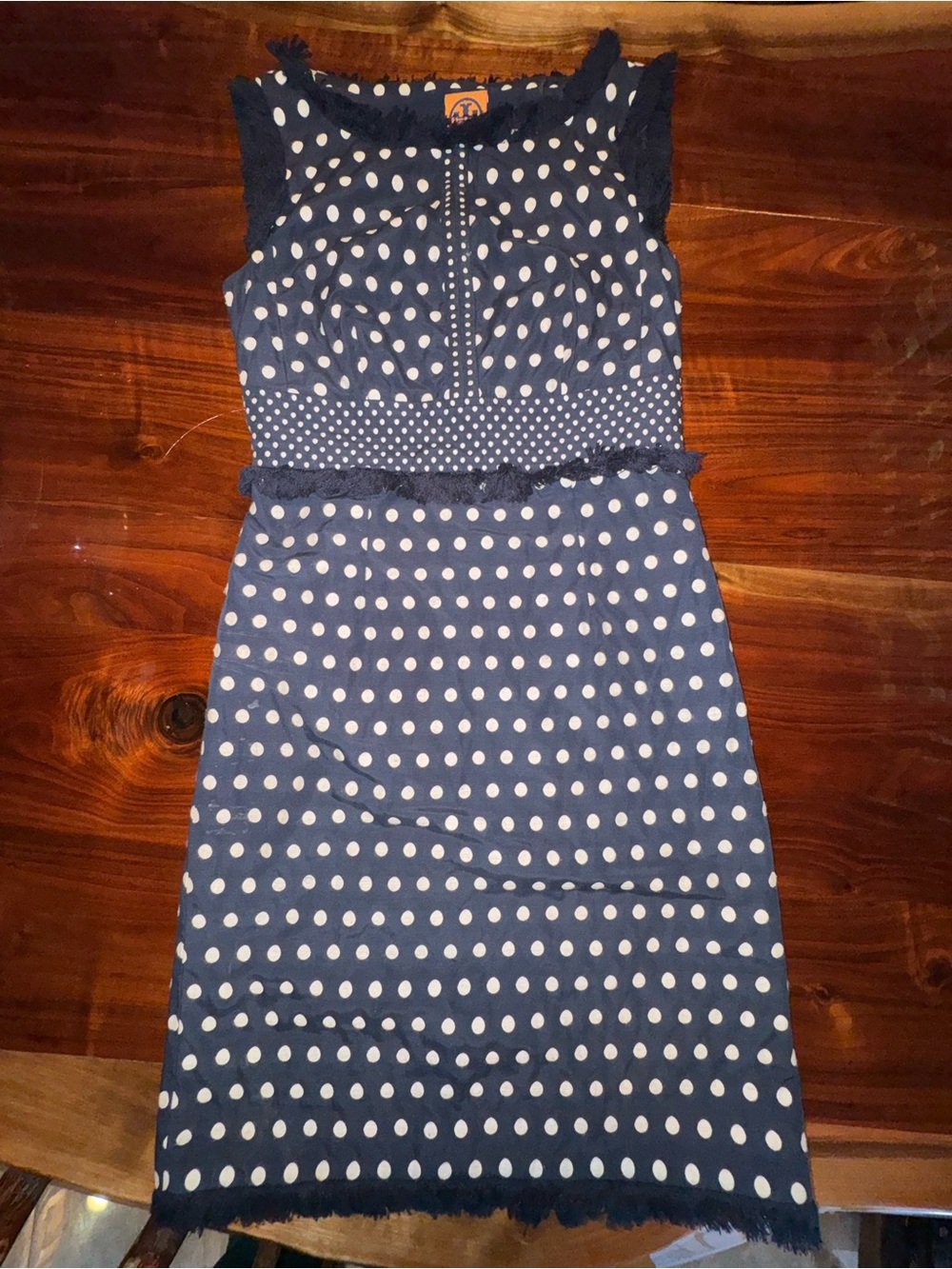 Tory Burch Navy Polka Dot Fringe Trim Sleeveless Dress Size 2